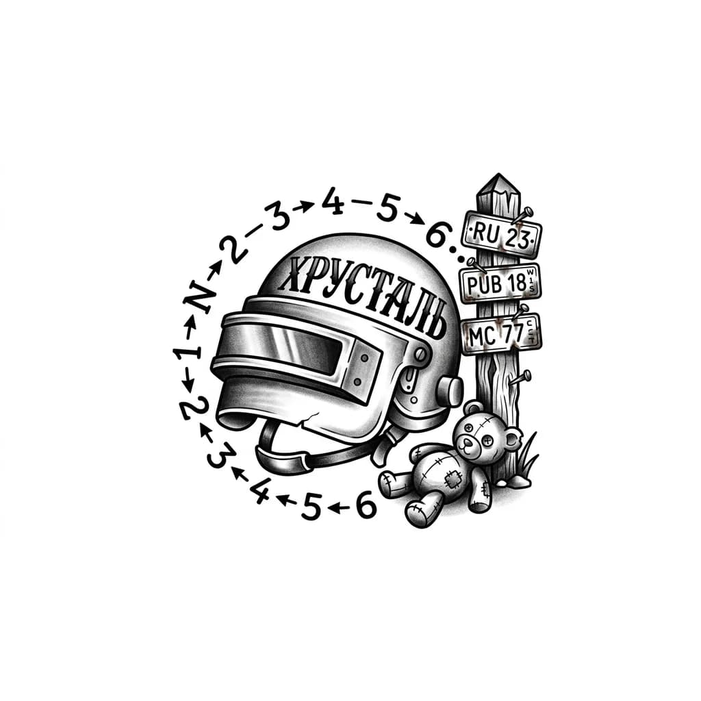 Тату эскиз: Тату на одну грудь мужскую , шлем пабг , на шлеме написано хрусталь , вокруг шлема цифры порядка переключения передач на мотоцикле , рядом приграничный столб с прибитыми госномерами , около столба лежит детская игрушка медвеженка