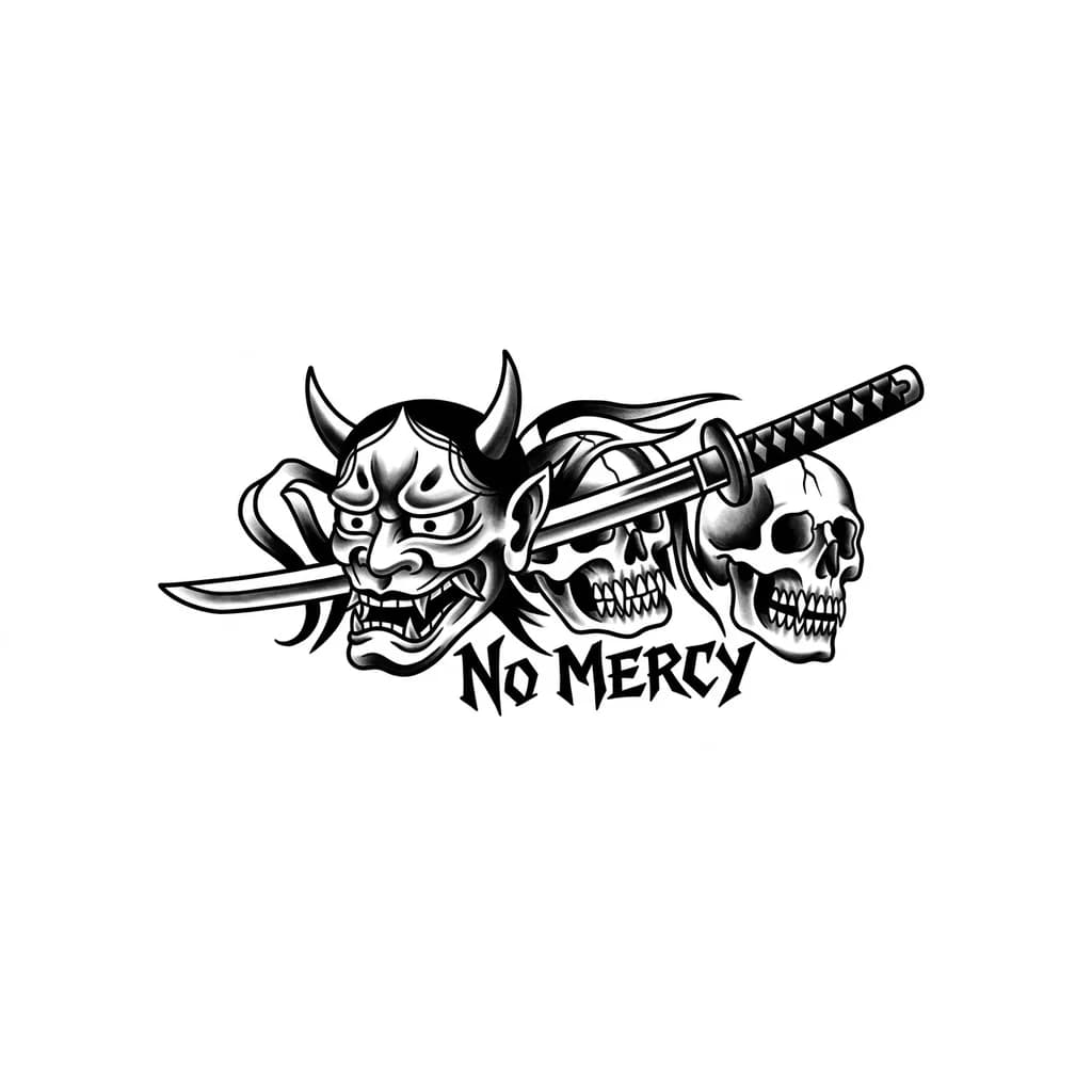 Тату эскиз: Хочу что бы тату было в японском стиле с изображением маски они и двумя человеческими черепами с остренькими зубами а так же катаной, все выполнено в агресивном стиле