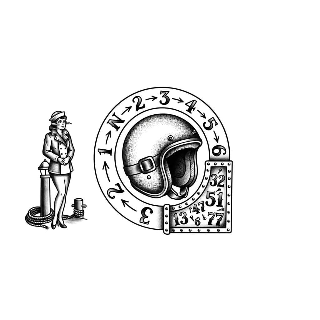 Тату эскиз: Шлем мотоцикла , вокруг шлема порядок переключения передач , рядом пограничный с прибитами номерами машин , около столба стоит девочка и ждет с войны