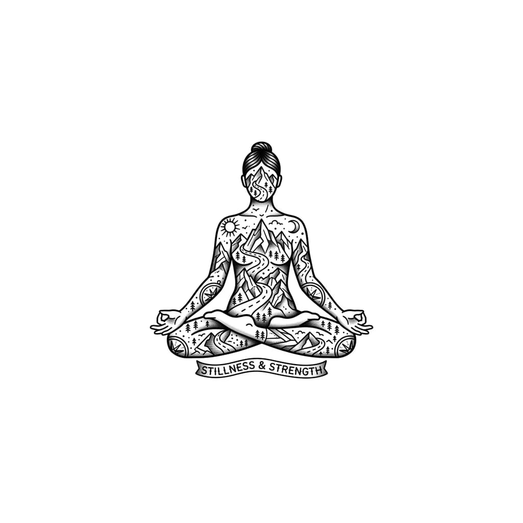 Тату эскиз: A minimalist black and white illustration of a person in a yoga lotus pose, the body filled with intricate mountain ranges, winding roads, and travel paths, geometric patterns integrated seamlessly, tattoo flash sheet illustration, white background, high contrast, clean lines