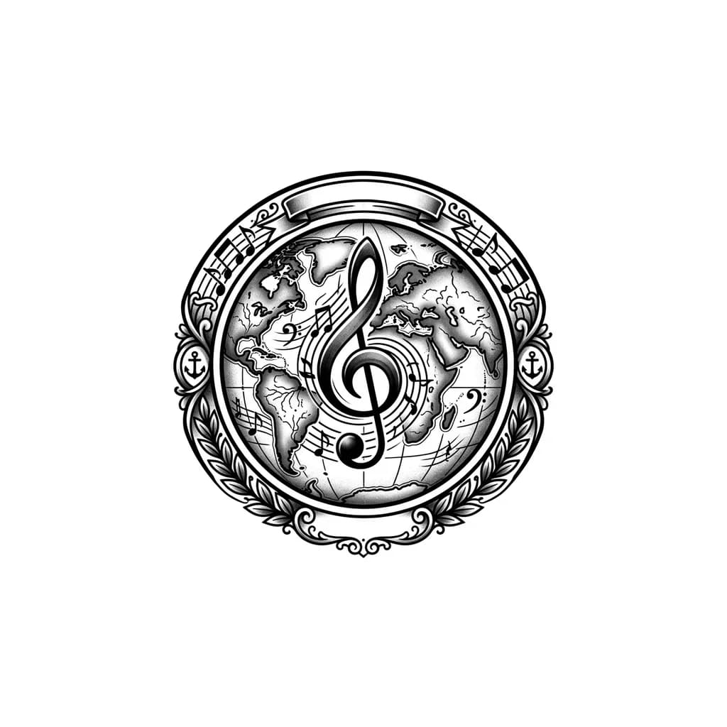 Тату эскиз: A detailed globe map with a treble clef or musical note shape replacing the heart in the center, continents and oceans in fine line work, ornamental border with musical elements, black and white monochrome style, detailed geography, tattoo flash sheet illustration, white background, high contrast, clean lines