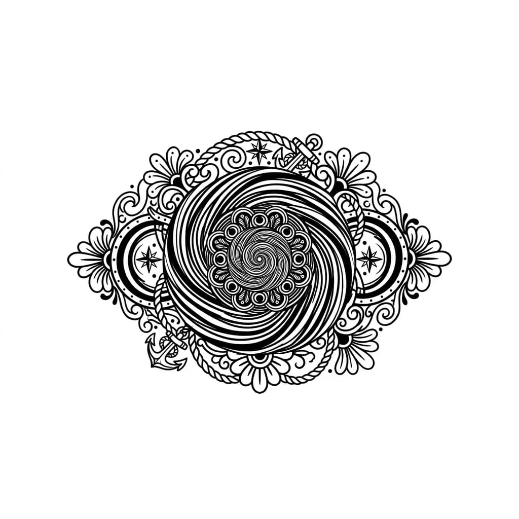Тату эскиз: Nested recursive circles and loops in mathematical spiral pattern, black and white optical illusion style, hypnotic concentric rings with intricate line variations, monochrome ink, sophisticated geometric composition, tattoo flash sheet illustration, white background, high contrast, clean lines