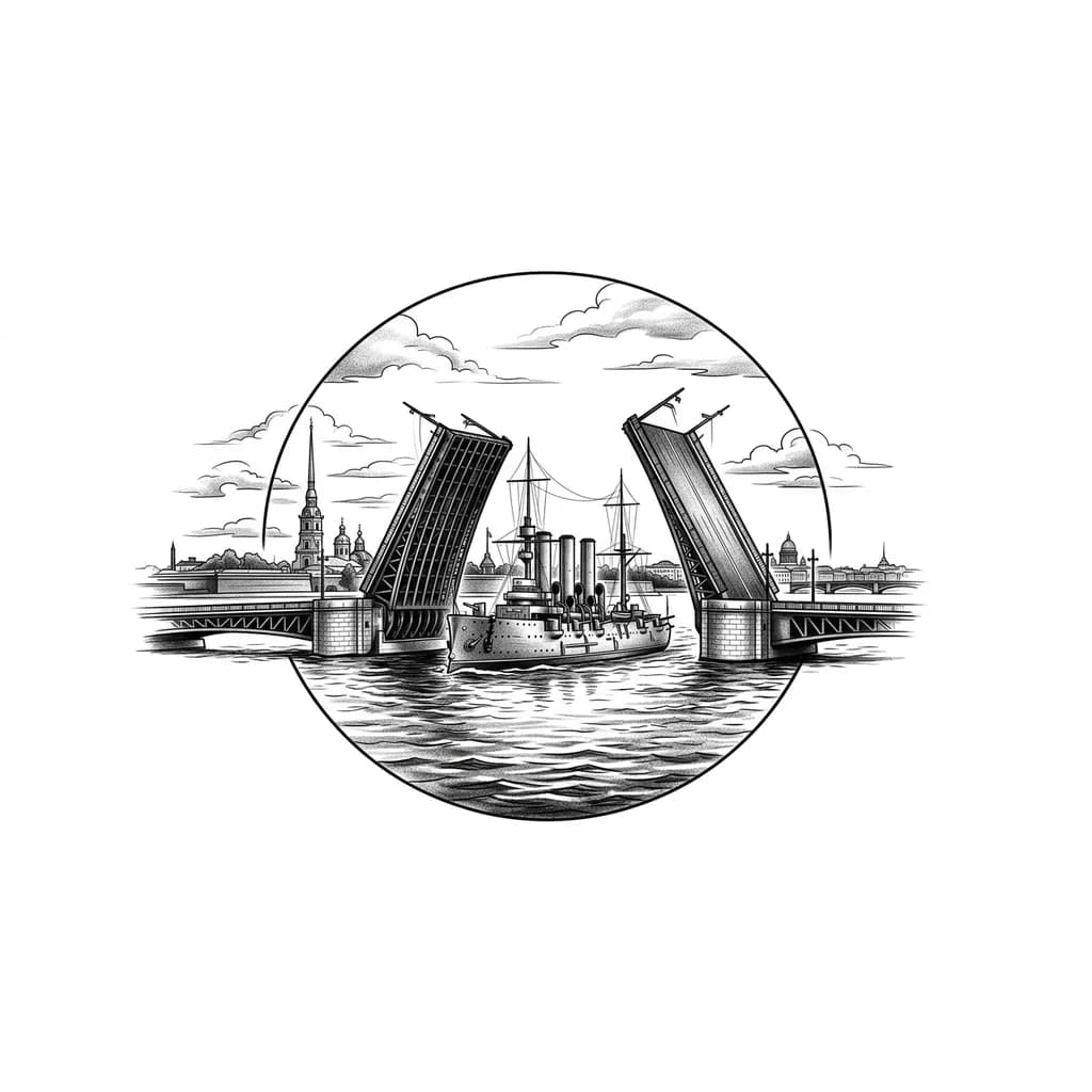 Тату эскиз: Сделай эскиз татуировки, изображающую важные архитектурные элементы города Санкт-Петербург реалистично. Разводной мост, под ним проплывает крейсер Аврора. На горизонте виднеется силуэт Петропавловской крепости. Вся композиция должна быть заключена в круг