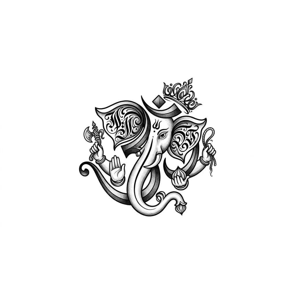 Тату эскиз: я хочу татуировку в виде ведического знака ом чтобы он был похож на ганеши чтобы он вписывался в этот знак и был с ним одним целым