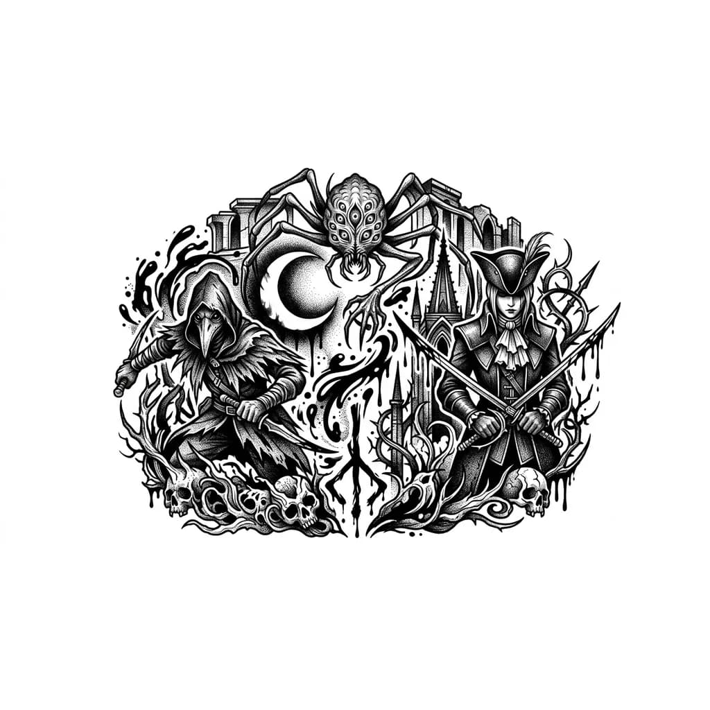 Тату эскиз: Хочу тату на спине в тематике игры Bloodborne, должны быть амигдала, присутствие луны, эйла охотница, леди мария