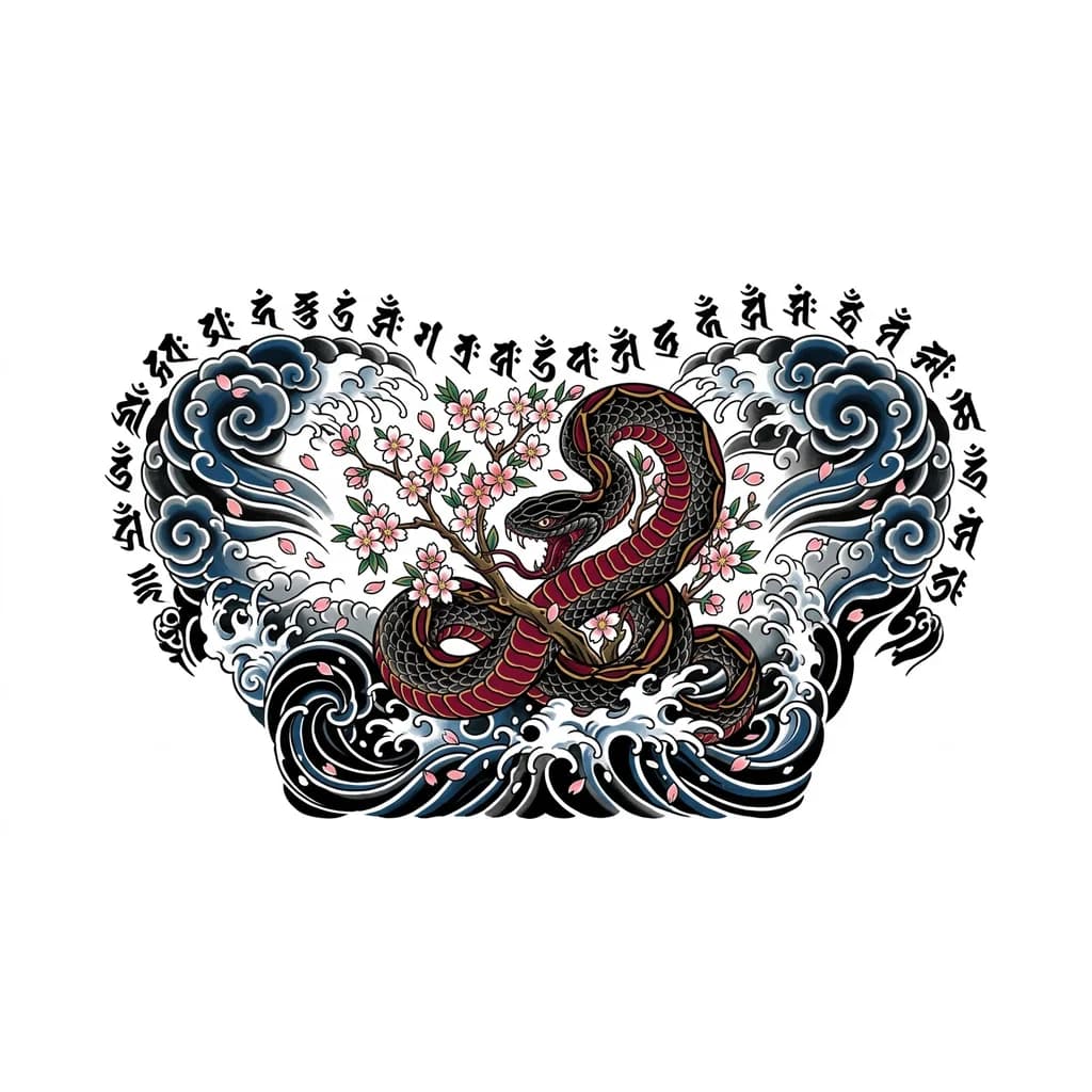 Тату эскиз: между лопаток чёрная гадюка оплетающая ветвь сакуры, по краям иероглифы, снизу волны с какими-нибудь дополнениями, которые подойдут по смыслу