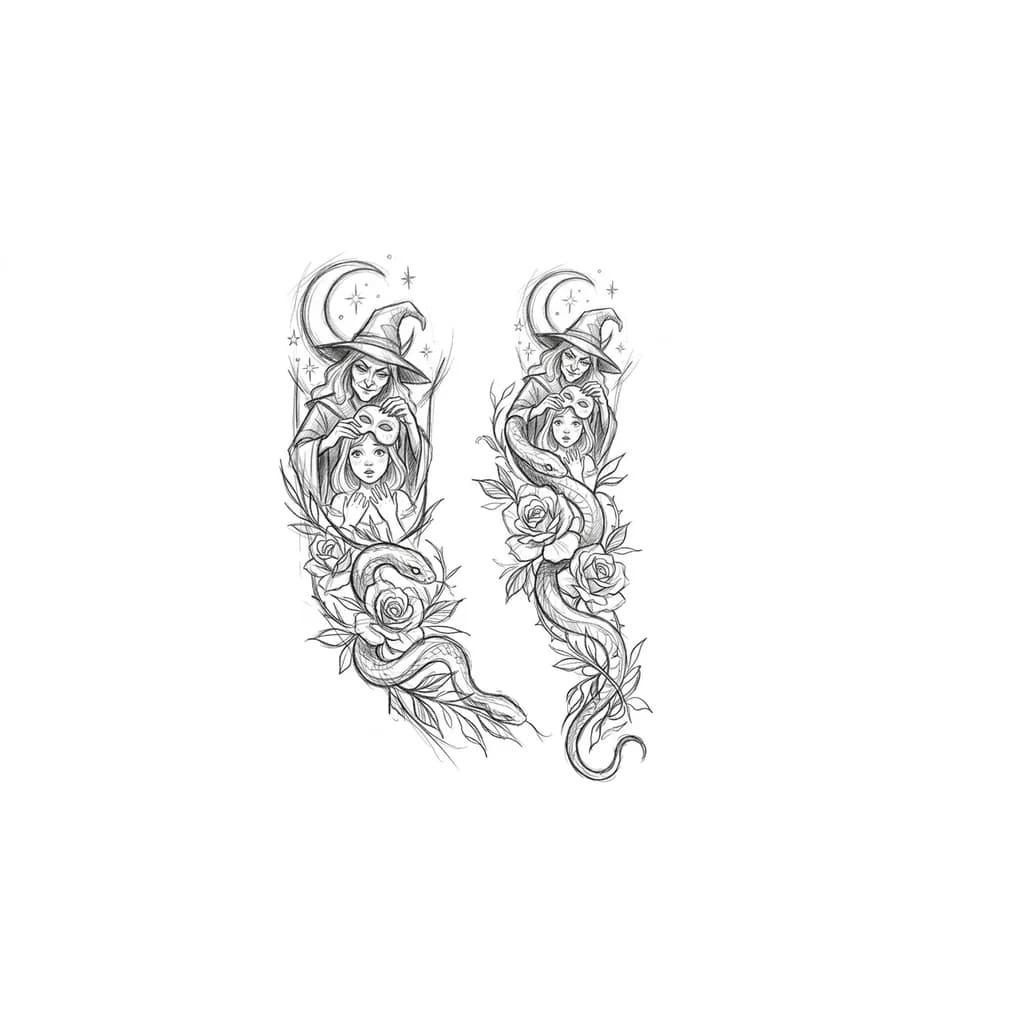 Тату эскиз: Змея, обвивающая розы, также можно добавить листья и линии, еще можно добавить луну и хочу ведьму, которая снимает маску милой девочки.