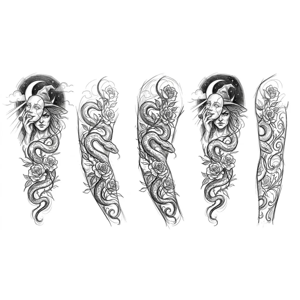 Тату эскиз: Змея, обвивающая розы, также можно добавить листья и линии, еще можно добавить луну и хочу ведьму, которая снимает с себя маску милой девочки.