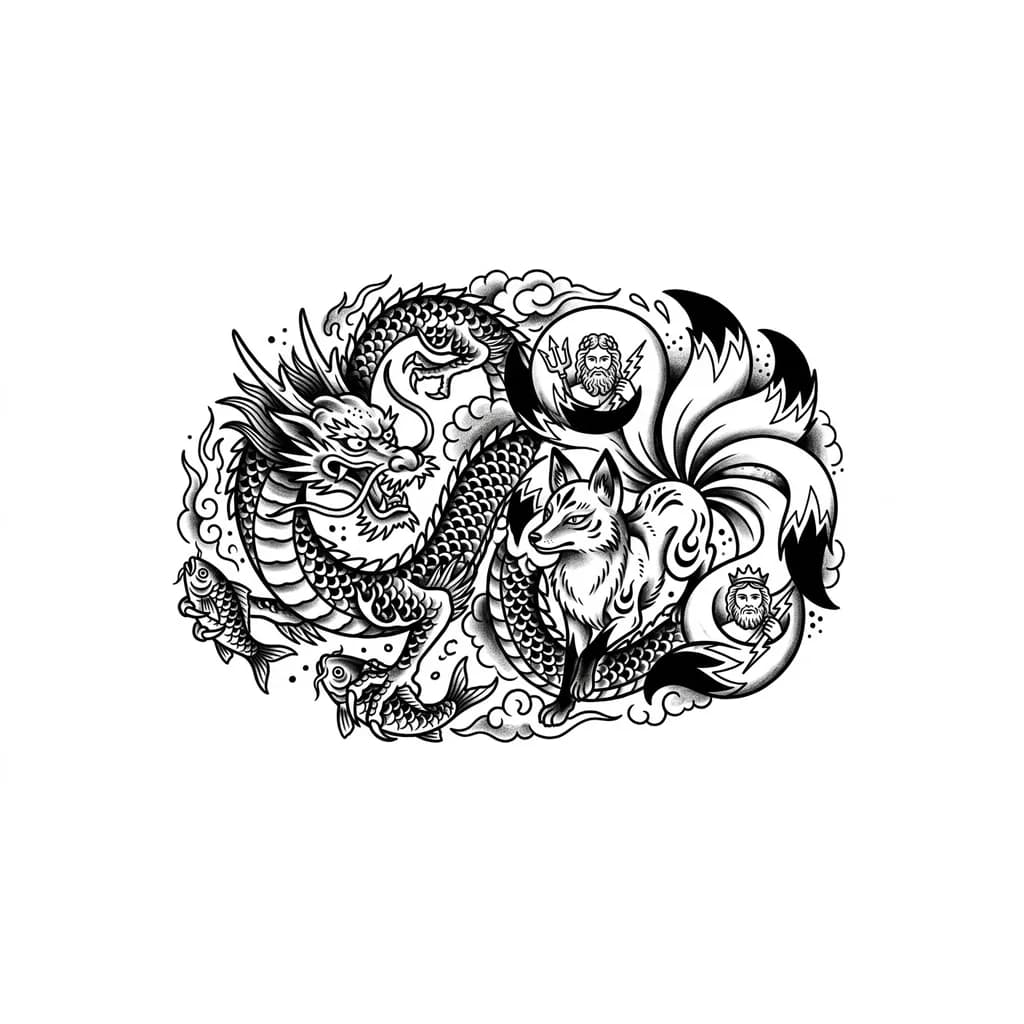 Тату эскиз: Дракон с кицунэ у неё 9 хвостов и в двух хвостах она держит нептун и юпитер . А дракон держит двух рыб