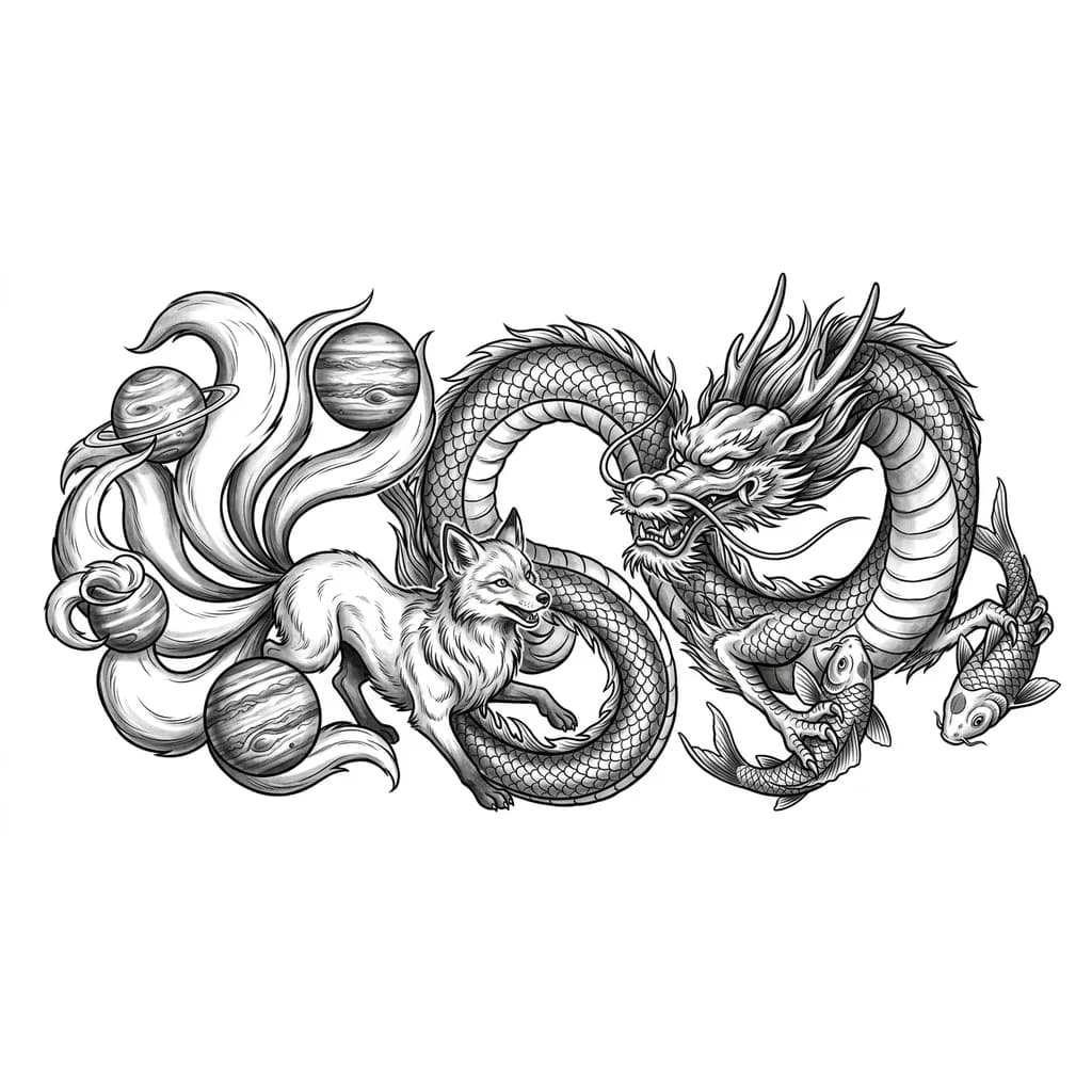 Тату эскиз: Дракон с кицунэ у неё 9 хвостов и в двух хвостах она держит планеты нептун и юпитер . А дракон держит двух рыб в одной лапе