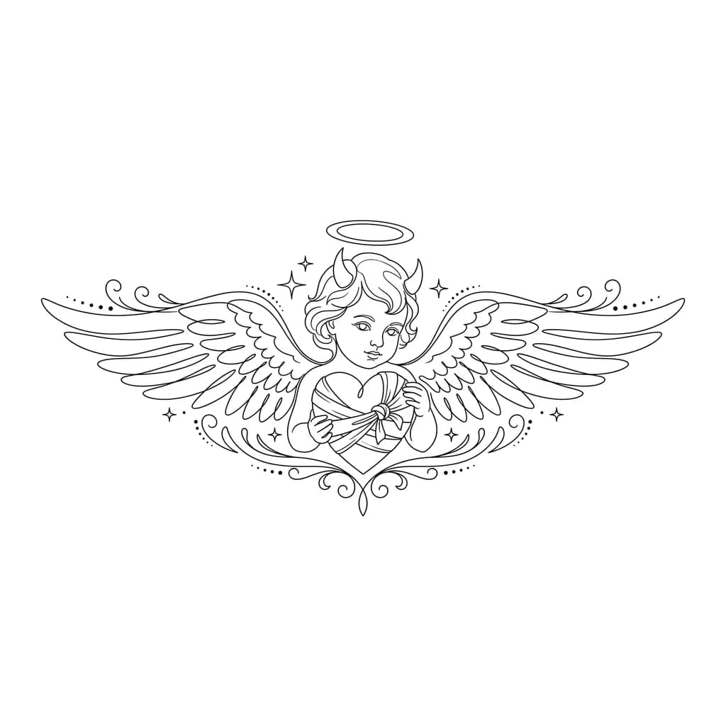 Тату эскиз: Милый ангел с рожками дьявола в руках держит перебинтованное сердце, тату выражает нежность и одновременно силу