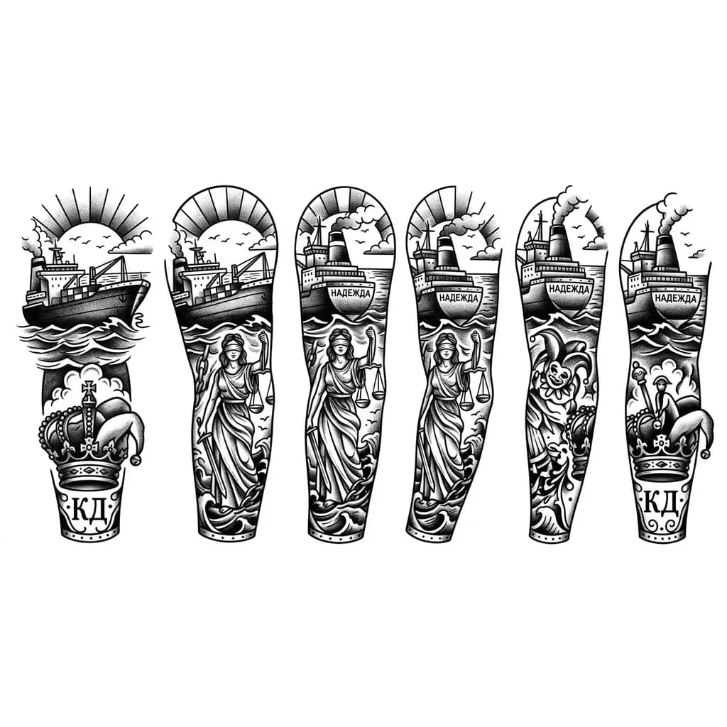 Тату эскиз: Нужен эскиз рукава на левой руке, татуировка должна состоять из нескольких частей - современный сухогруз, который уплывает в закат, название на корме сухогруза «Надежда», женщина с весами символизирующая правосудие, корона которая наполовину корона, а на половину шапка шута, плюс текст «КД», и чтобы это все было объединено в единую картину
