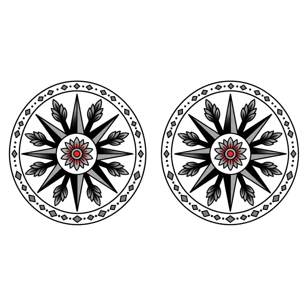 Тату эскиз: Основа: Звезда Руси с лучами длиной 4 см.
Каждый луч завершается стилизованным листом Одолень‑травы.
В центре Звезды — мини‑Одолень‑трава диаметром 2 см.
По внешнему контуру кольца — тонкий орнамент из ромбов и точек.
Цвет: чёрный, центр мини‑Одолень‑травы выделен красным.