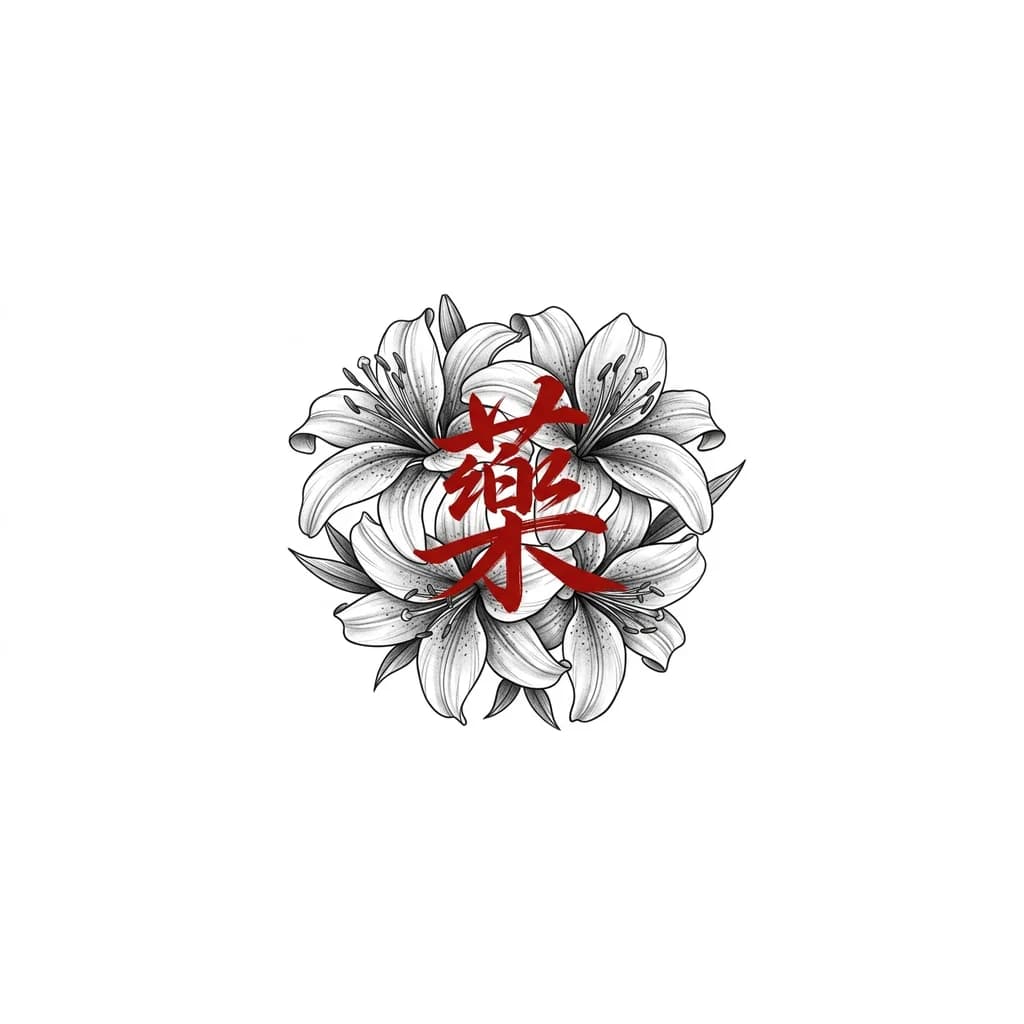Тату эскиз: 1. Цветочная композиция: Основную часть татуировки составляют крупные лилии. Они выполнены в технике графики или «блэк-энд-грей» (черно-серый стиль) с использованием тонких контуров и штриховки для создания теней и объема. Цветы выглядят детально проработанными, видны тычинки и текстура лепестков.
2. Красный символ: Поверх цветочного узора нанесен яркий красный иероглиф или символ. Он выполнен в свободном, каллиграфическом стиле, напоминающем мазки кистью или роспись маркером.