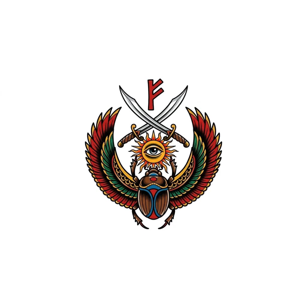 Тату эскиз: Крылатый скарабей крылья возводятся в верх держащие солнце в солнце око над солнцем перекрещенные сабли над саблями знак феху.