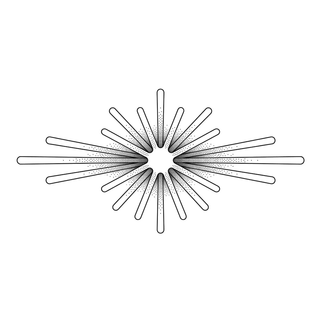 Татуировка выполнена в стиле «минимализм / графика». Размер — 6×6 см. Расположение — запястье. Изображение представляет собой окружность без границ с небольшим утолщением в центре, от которой расходятся множество лучей разной длины. Лучи с закруглениями, с чёткими контурами. Цвет — чёрный (пигмент). Заполнение — только контур, без плотной заливки. Стилистика близка к гравюре и наскальным символам. Общее впечатление — лёгкое, воздушное, при этом заметное. Мистическое.