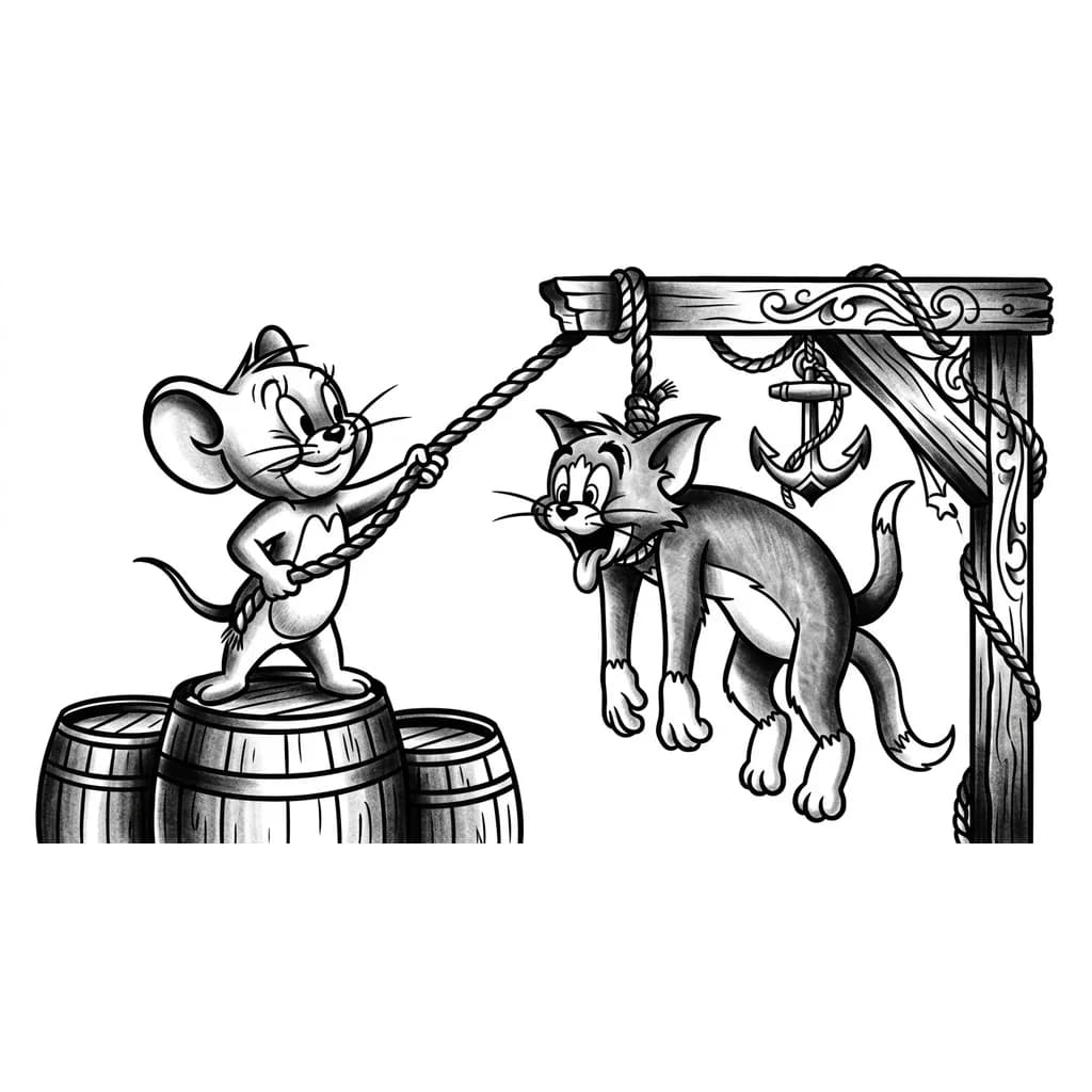 Нарисуй мышонка Джерри как он вешает кота тома