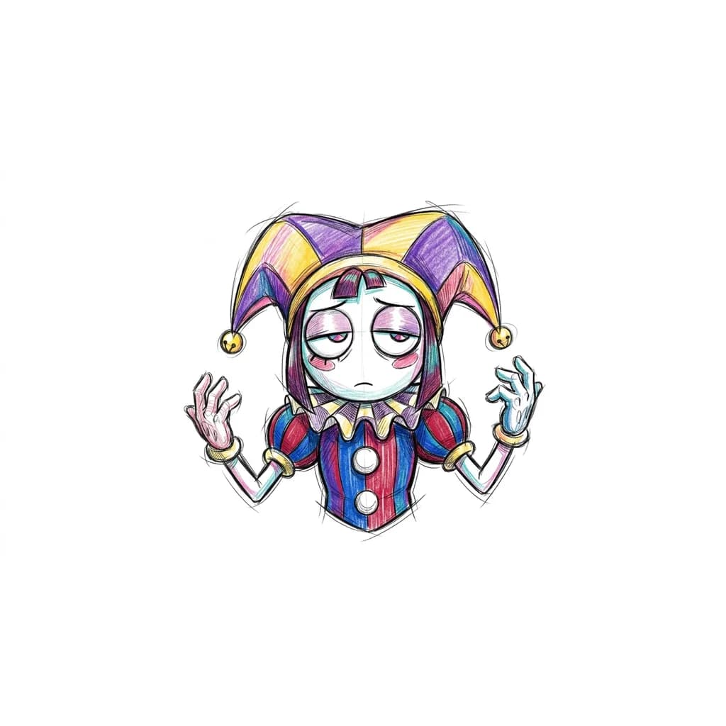 Тату эскиз: Нужно создать персонажа из «Удивительный цифровой цирк» персонаж Помни, нужно создать эскиз тату на руке,у нее должны быть полуприкрыты веки, тату должны быть только до рук, низ не нужен