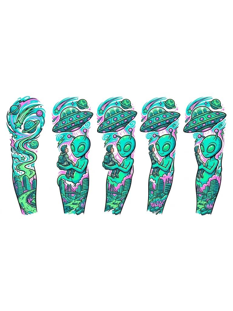 Тату эскиз: Спокойный Инопланетянин держит на руке маленького человека на фоне летающей тарелки. Снизу постапокалиптический город. Все в бирюзово, зелено розовых ярких тонах