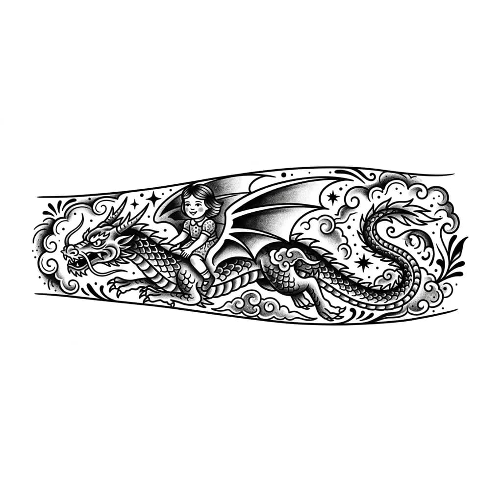 Девочка маленькая летит верхом на драконе