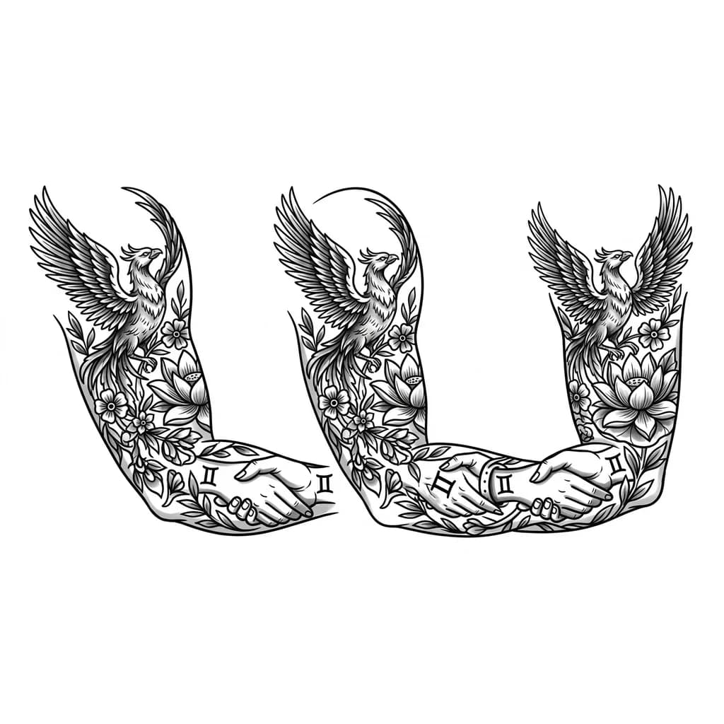 Тату эскиз: Тату на руку девушки ,от плеча до локтя ,с цветами(без роз) ,лотосом ,знаком зодиака близнецы(звездным ) ,и фениксом (что бы его крылья не образовывали круг ),переплетением рук (метафора)Что бы все между собой переплеталось в единую картину