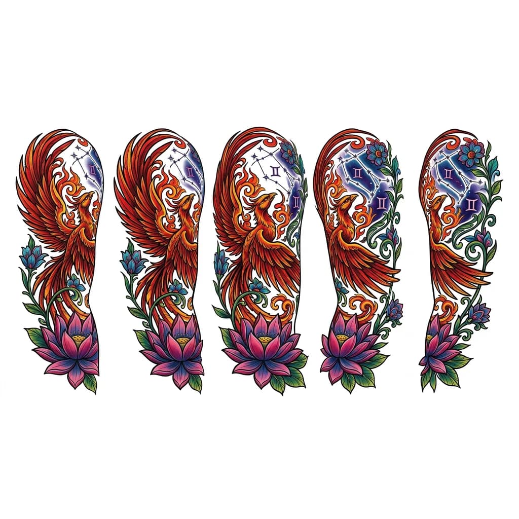 Тату эскиз: Тату на руку девушки ,от плеча до локтя ,с цветами(без роз) ,лотосом ,знаком зодиака близнецы(созвездие)и фениксом (что бы его крылья не образовывали круг ),Что бы все между собой переплеталось в единую картину