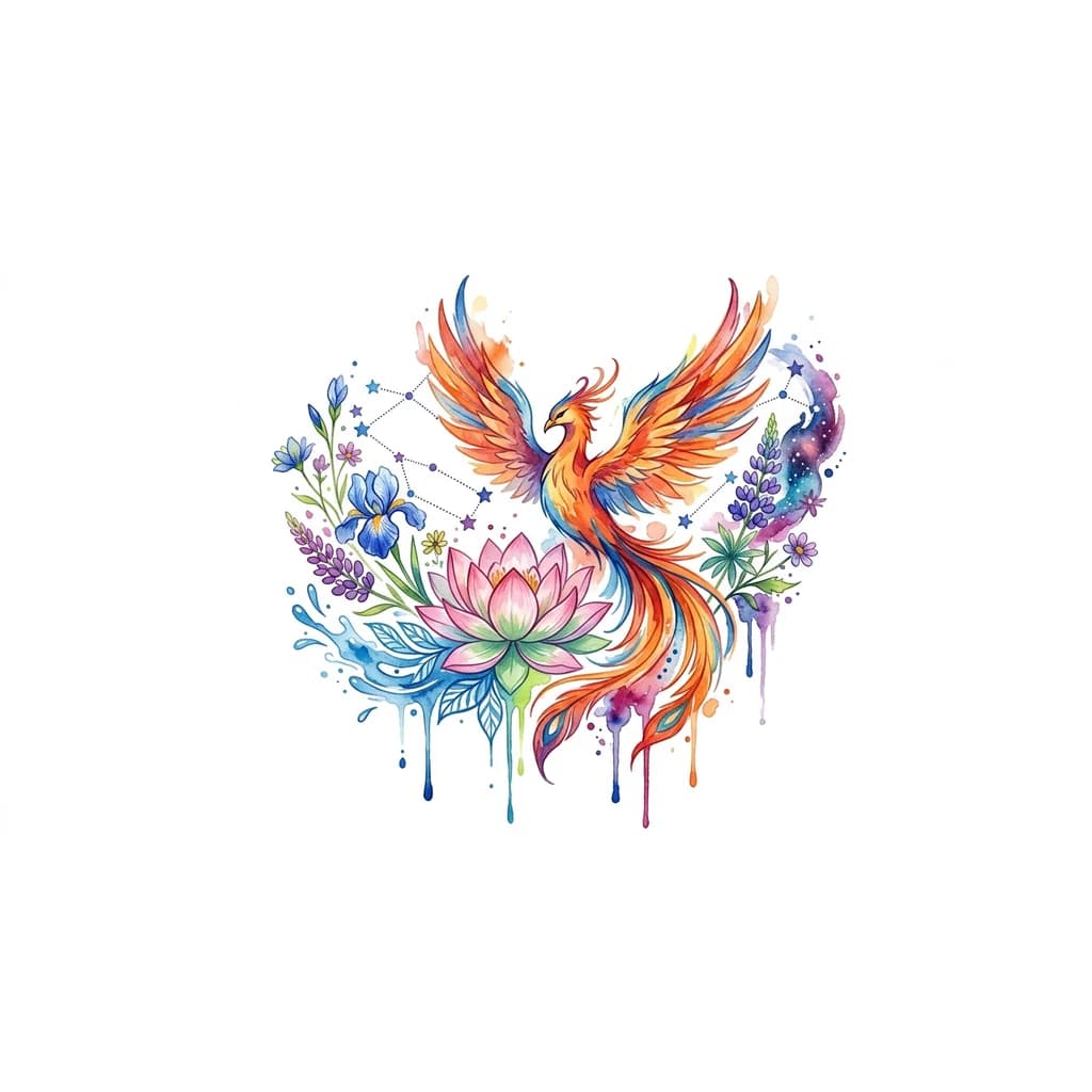 Тату эскиз: Тату на руку девушки ,от плеча до локтя ,с цветами(без роз) ,лотосом ,знаком зодиака близнецы(созвездие)и фениксом (что бы его крылья не образовывали круг ),Что бы все между собой переплеталось в единую картину