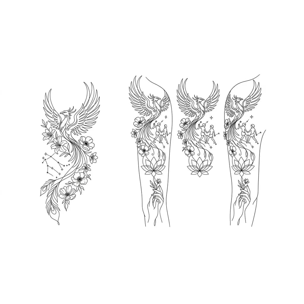 Тату эскиз: Тату на руку девушки ,от плеча до локтя ,с цветами(без роз) ,лотосом ,знаком зодиака близнецы(созвездие)и фениксом (что бы его крылья не образовывали круг ),переплетение женских рук .Что бы все между собой переплеталось в единую картину