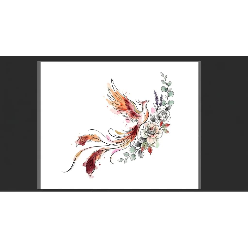 Тату эскиз: эскиз тату для девушки феникс верхняя часть плеча с заходом на шею изящные линии тонкая графика акварельные красные и оранжевые акценты чёрно серая растушёвка минимализм анатомическая посадка белый фон набросок