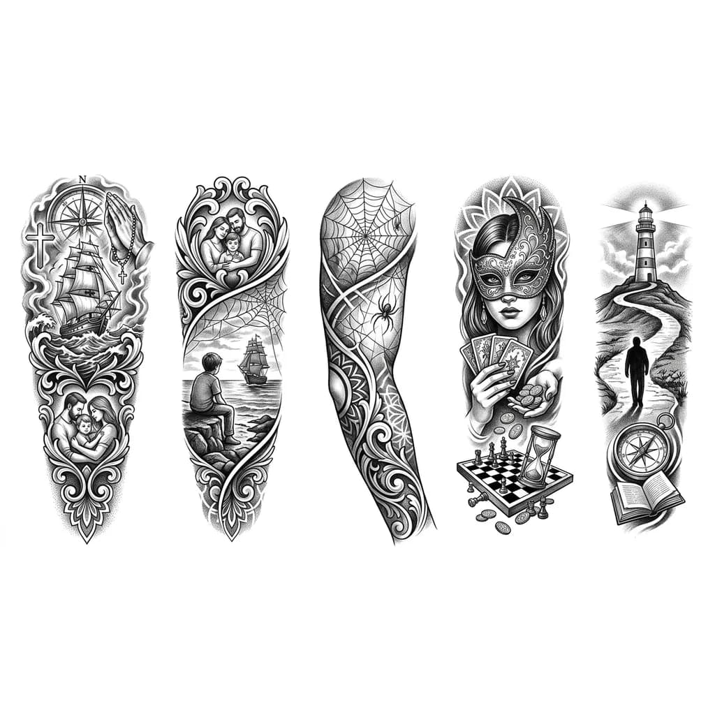 Тату эскиз: Корабль, море, паук, паутина, семья, религия, христианство, сын, одиночество, любовь, игра, поиск себя, предательство, деньги, девушка в маске