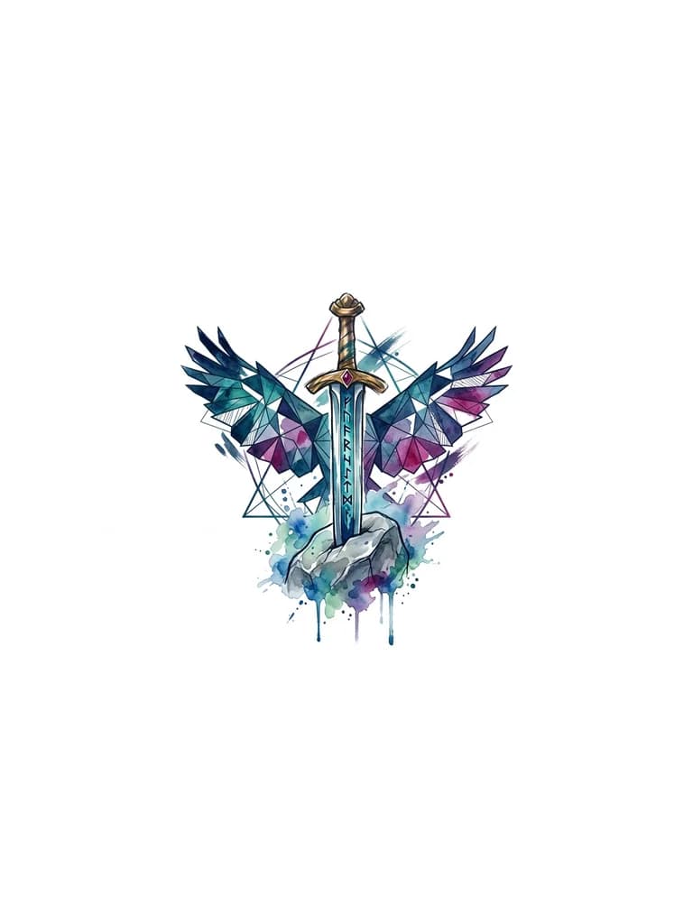 Тату эскиз: Основой тату должен быть меч экскалибур который торчит из камня/либо вынут из камня и опирается на него , с четко прорисованными рунами на клинке. Тату вдохновлена историей о мерлине и короле артуре.
меч должен торчать из камня вертикально.
дополнить тату силуэтом ястреба в стиле геометрия. геометрия ястреба должна быть фоном основной тату