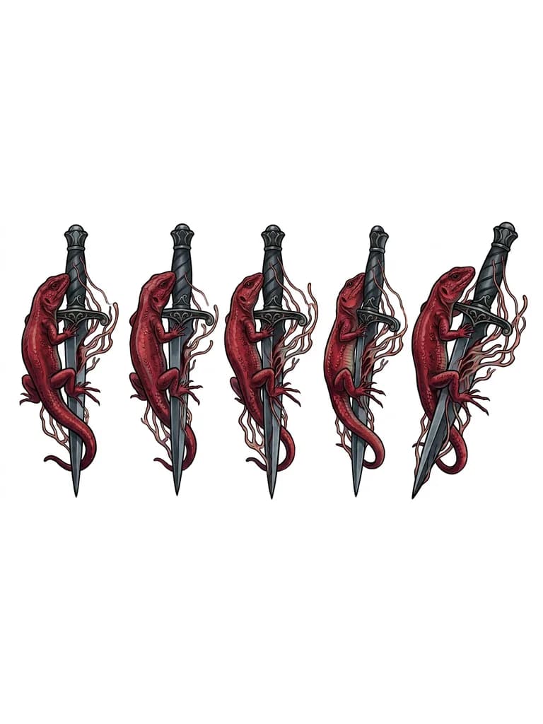 Тату эскиз: Tattoo design on a young woman's forearm. Realistic crimson red lizard climbing vertically along a cold dark grey dagger. The dagger blade is pierced by, or intertwined with, pulsing mycelium threads (cordyceps-style infection). The mycelium looks like a spreading infection, organic veins creeping from the wound onto the skin. Mood: dark elegance, body horror aesthetic, but delicate. High detail, 8k, tattoo art style, sketch on skin texture