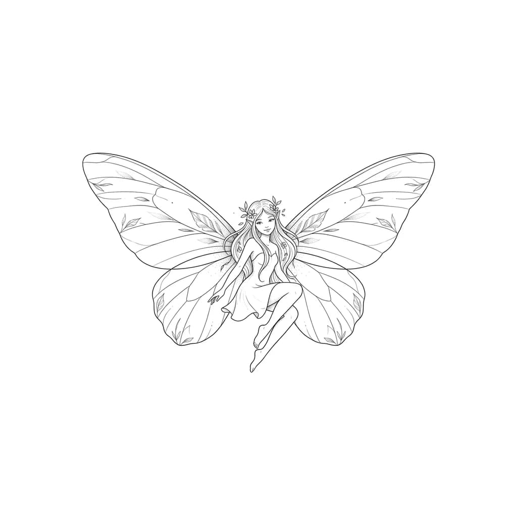 Тату эскиз: Минималистичный эскиз татуировки лесной феи в нежном эстетичном стиле, чёрно-белый line art с тонкими изящными линиями. Очень маленькая грациозная фея в центре: тонкое лицо с лёгкой улыбкой, длинные развевающиеся волосы с вплетёнными листьями и цветами, естественная парящая поза, без лишних деталей. Огромные полупрозрачные крылья бабочки или стрекозы, широко расправленные, занимают 70% композиции, с минимальными венами и лёгкими текстурами листьев для лесного акцента — выглядят воздушно и легко