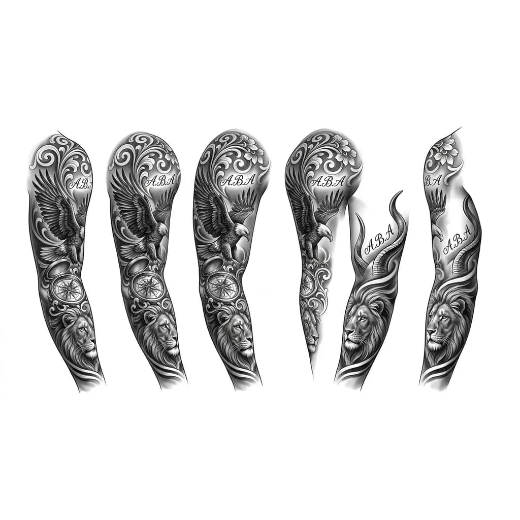 Тату эскиз: Легкая и воздушная тату, для мужчины, больше светлых теней, можно добавить узор, или животных
только не змеи, волки и олени, можно добавить льва на предплечье с рогами которые направленны в верх по бицепсу и орла. И добавь 2 надписи "А.В.А" в разных местах на рукаве
