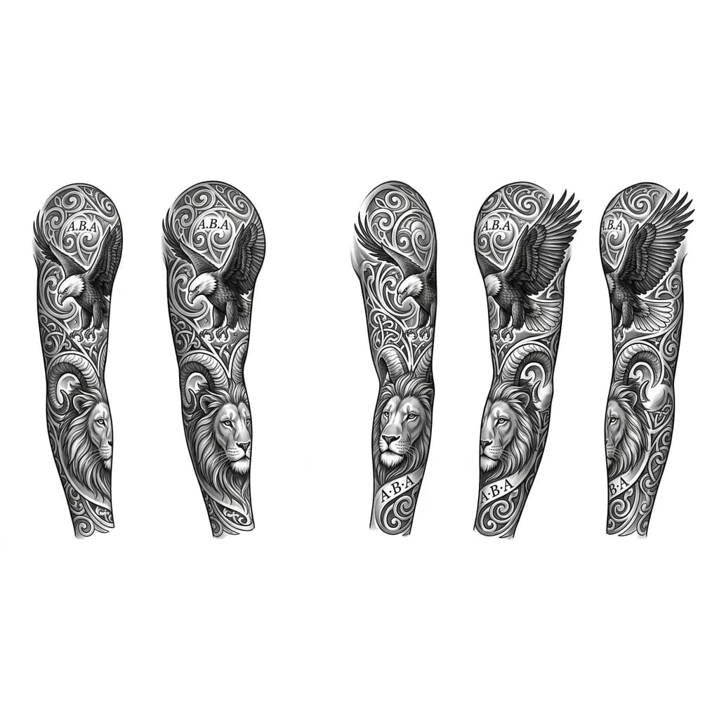 Тату эскиз: Легкая и воздушная тату, для мужчины, больше светлых теней, можно добавить узор, или животных
только не змеи, волки и олени, можно добавить льва на предплечье с рогами которые направленны в верх по бицепсу и орла. И добавь 2 надписи "А.В.А" в разных местах на рукаве