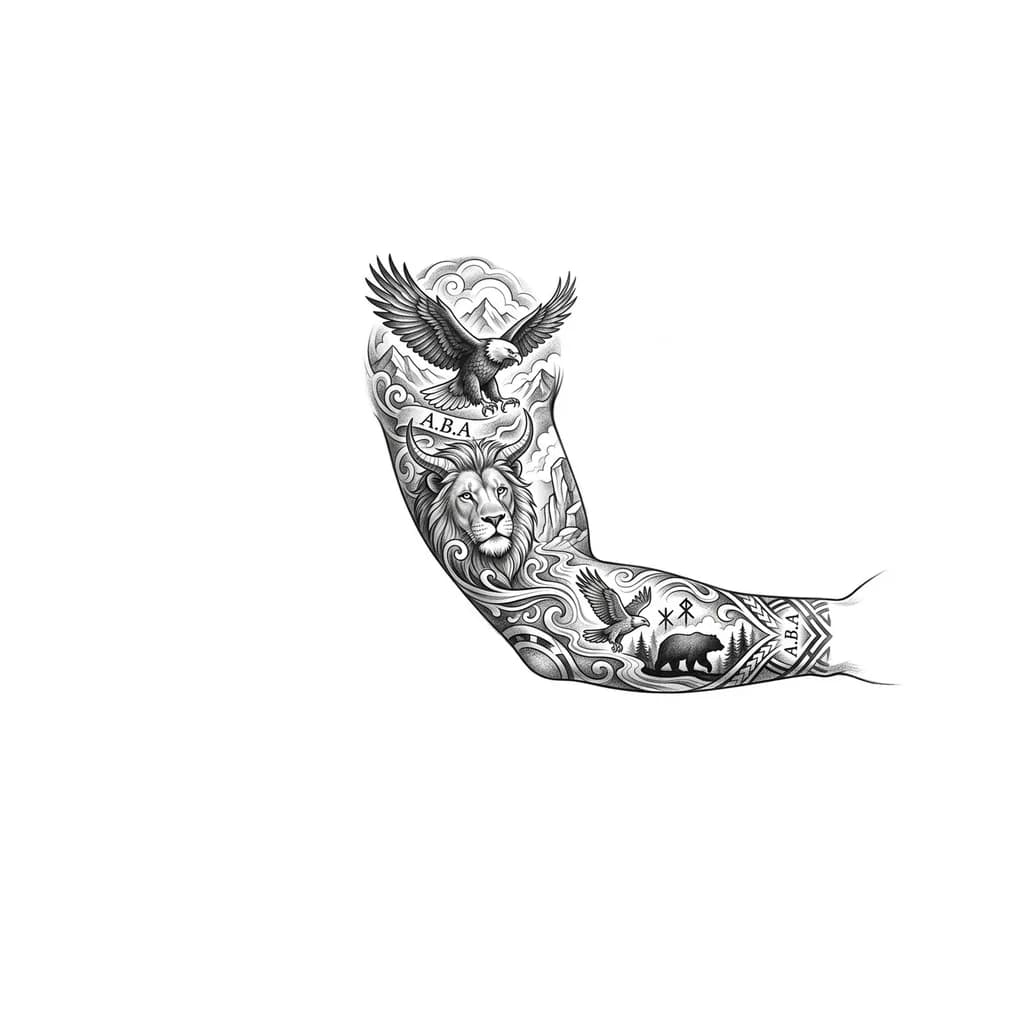 Тату эскиз: Легкая и воздушная тату, для мужчины, больше светлых теней, можно добавить узор, или животных
только не змеи, волки и олени, можно добавить льва на предплечье с рогами которые направленны в верх по бицепсу и орла. И добавь 2 надписи "А.В.А" в разных местах на рукаве