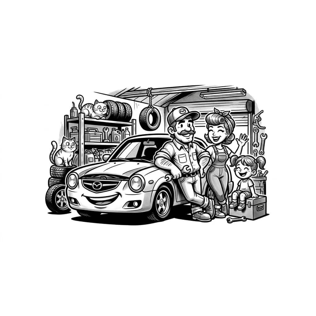 Тату эскиз: Black and white vintage cartoon style illustration of a family gathered in a garage next to a Mazda car, wife and daughter smiling, cats sitting nearby, warm cozy atmosphere, comic book style shading, monochrome ink, detailed linework, tattoo flash sheet illustration, white background, high contrast, clean lines