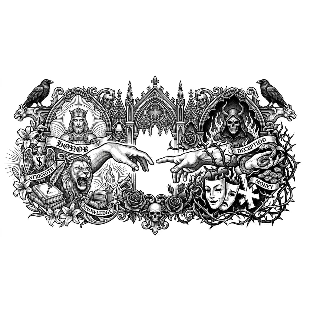 Тату эскиз: Идея : концепция добра и зла на груди уже есть тату крупное 2 руки из картины Микелянджело
на одной руке отобразить светлые стороны бытия, бог, честь, сила, знания в стиле античности и доп какие то атрибуты, на одной руке где планируется добрая часть есть тату льва на внутренней части предплечия и кисти
на другой руке зло, обман деньги, сатана, двуличность и тд. доп атрибуты этого