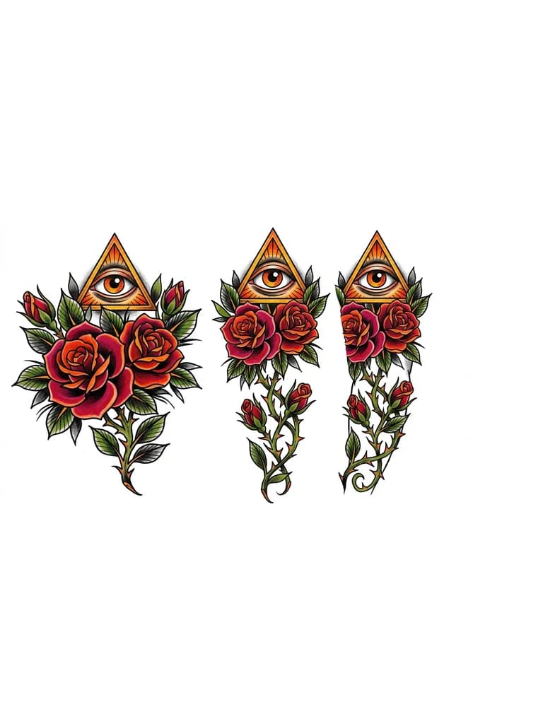 Тату эскиз: Искиз татуировки два бутона раскрытой розы с шипами обвивающея руку и с внешней стороны символ треугольник с глазом тату с плеча до запясти руки две большие розы
