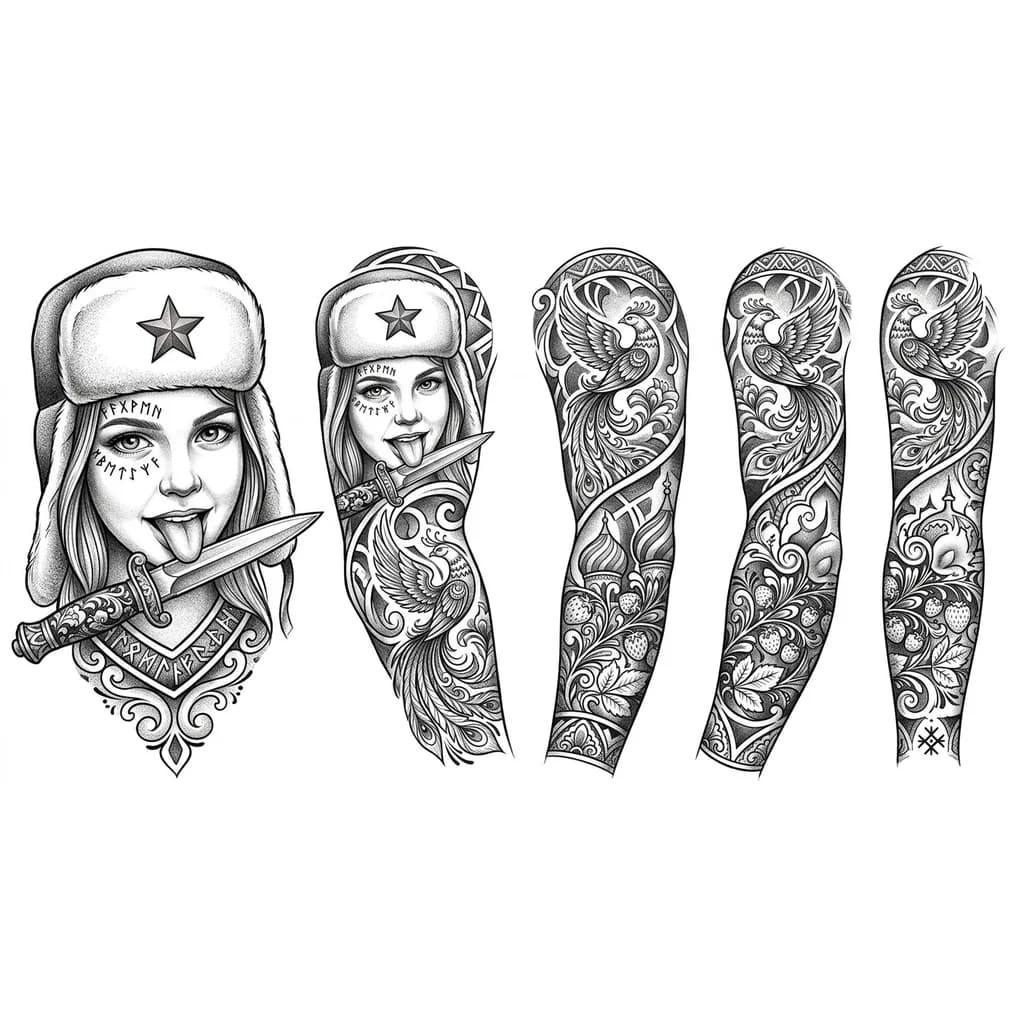 Тату эскиз: Молодая девушка в шапке-ушанке с красной звездой, на лице у нее татуировка древние руны проходят полосой через левый глаз, у девушки высунут язык и она облизывает кинжал
Фон в традиционном русском стиле с добавлением хохломы
