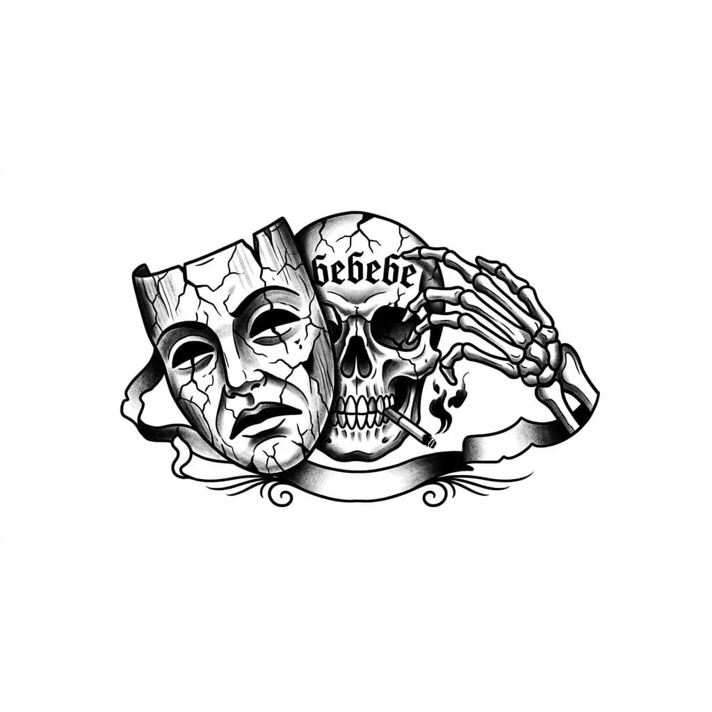 Тату эскиз: Нужна поношенная треснувшая маска. Её снимает рука скелета. За маской. Череп, тоже треснувший и
курящий сигарету. На черепе надпись"бебебе"