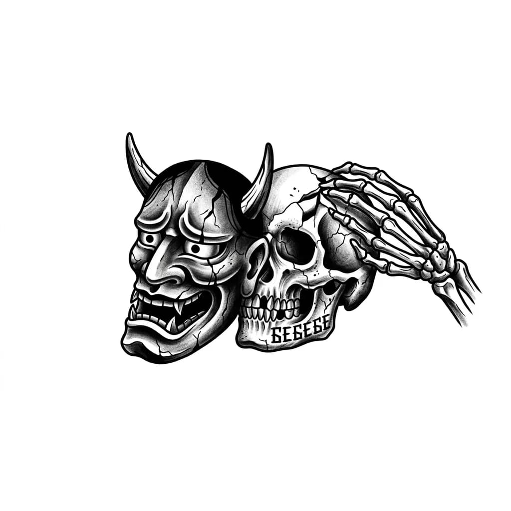 Тату эскиз: Нужна маска Oni. Она поношенная, треснувшая. Её снимает рука скелета. За маской череп. Он тоже треснувший. Череп должен быть в полу профиле. Также под глазницей у черепа надпись"бебебе". Тату должно быть обьемным, не просто линиями