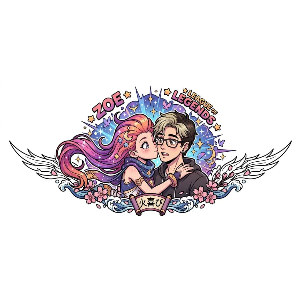 Тату эскиз: Нарисуй как Зои из игры League of legends целуется с парнем в очках и с серьгами в обоих ушах, парень худенький, у него темно-карие волосы верх которых покрашен в пепельный.