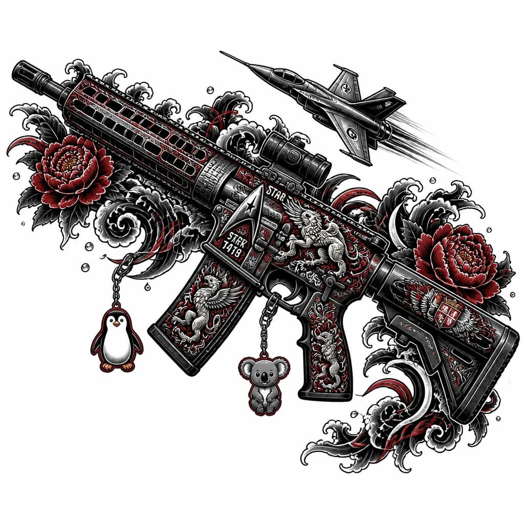 Тату эскиз: Цвета : красный и черный.
Оружие - AR15
Брелок на оружие в форме пингвина
Второй брелок мишка коала
Цветок - ликорис / пион добавить по бокам оружия, добавить линии черного и красного цвета
Добавить скин на оружие Мифический зверь грифон с огнем
Добавить небольшое количество росы
Добавить в скин оружия к грифоны , что-то испанское
Добавить на оружие стартрек с числами 14/19
Добавить графический Самолёт