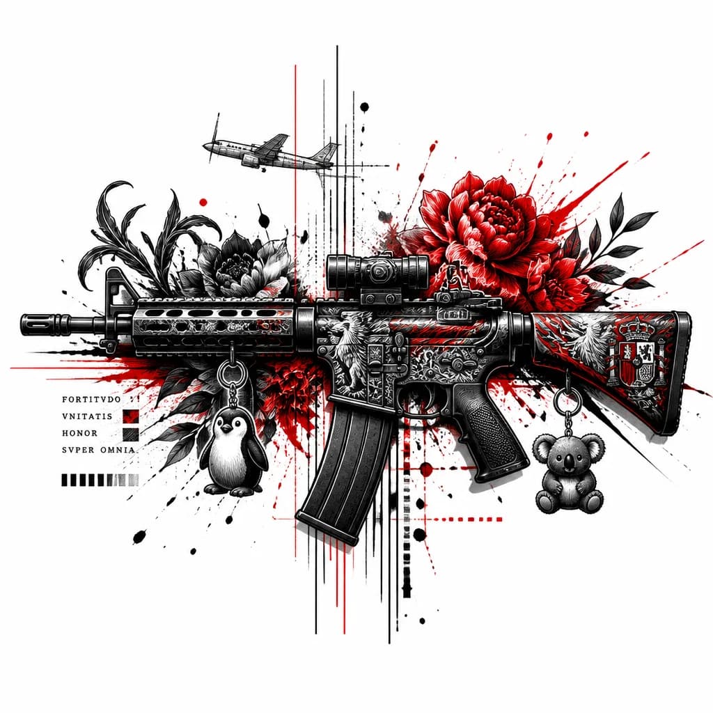Тату эскиз: Цвета : красный и черный.
Оружие - AR15
Брелок на оружие в форме пингвина
Второй брелок мишка коала
Цветок - ликорис как в Японии и пион добавить по бокам оружия, добавить линии и линии черного и красного цвета
Добавить скин на оружие Мифический зверь грифон с огнем
Добавить небольшое количество росы
Добавить в скин оружия к грифоны , что-то испанское
Добавить на оружие счётчик убийст с числами 14 | 19
Добавить маленький из линий Самолёт