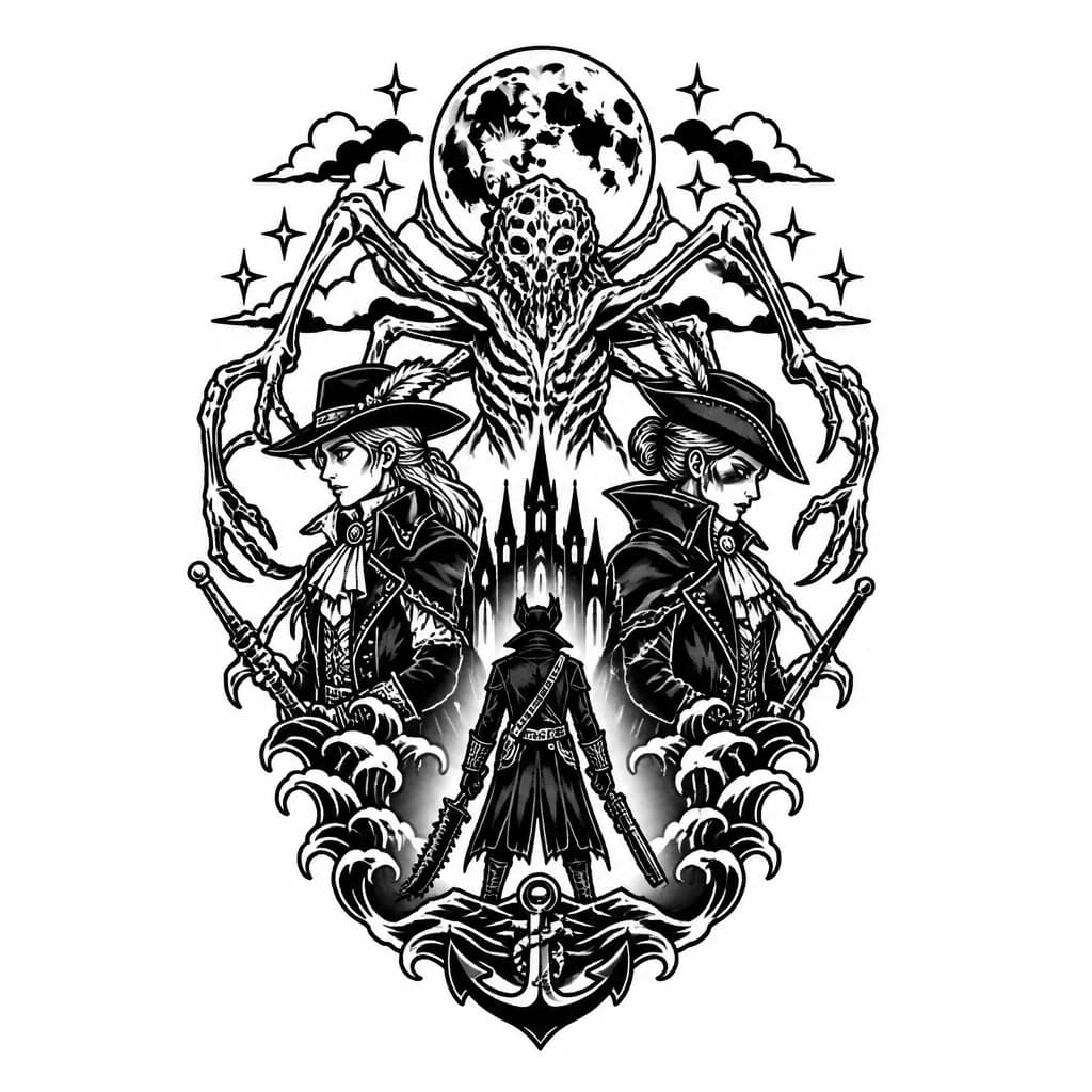 Тату эскиз: Тату на спине из игры bloodborne где есть охотница эйлин, леди мария, амигдала, присутствие луны, охотник.