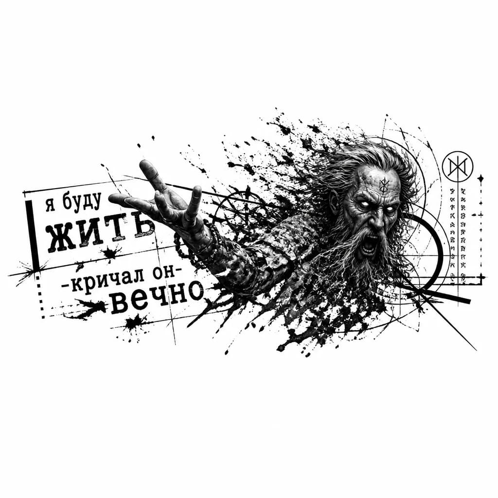 Тату эскиз: Ужасающий колдун, , его тело превращается в черный пепел и угли, его взляд выражает ярость. Картинка более абстрактная