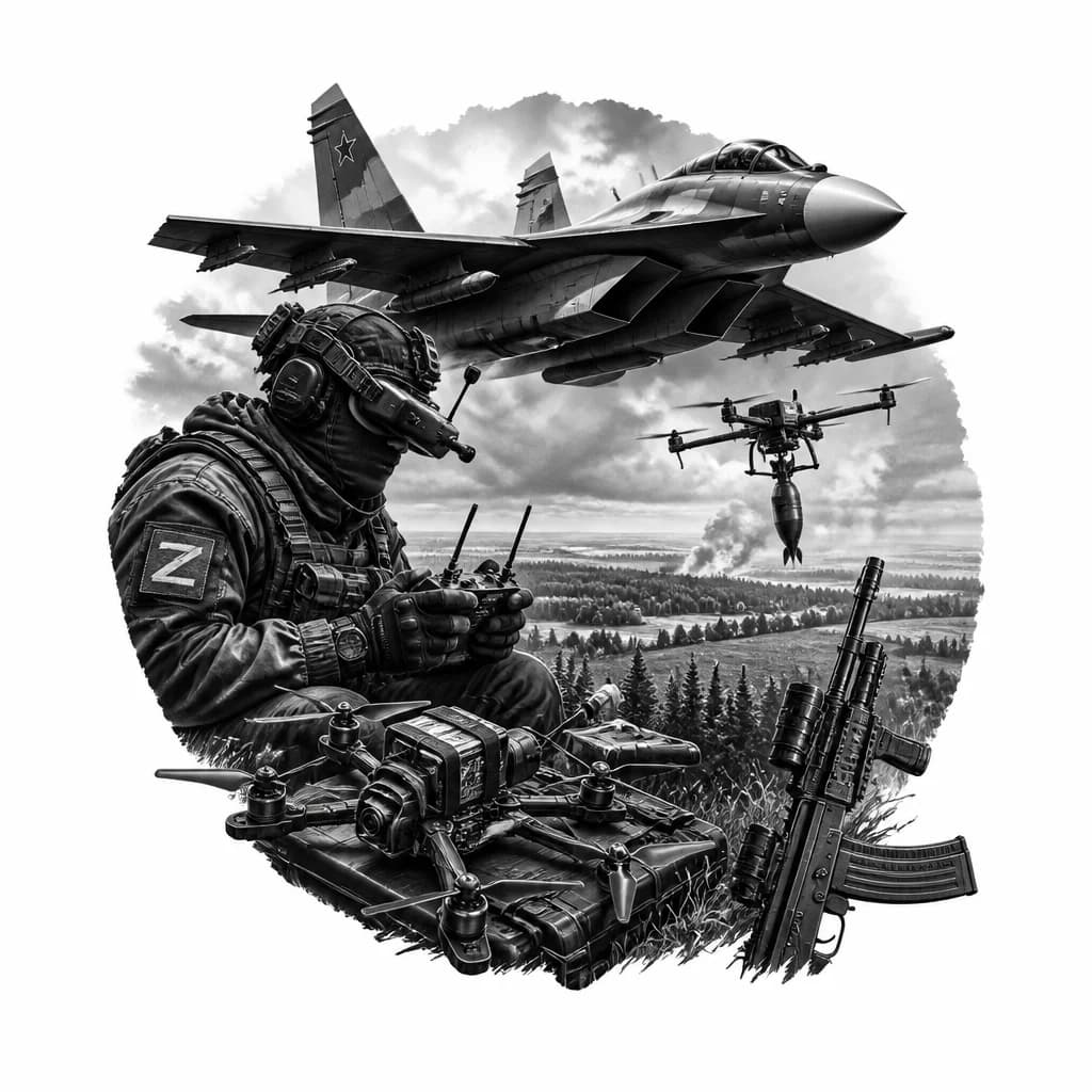Тату эскиз: Русский штурмовик с автоматом Калашникова и оператор FPV дрона рядом с дроном FPV, дрон находится в воздухе к нему прицеплен снаряд, вдали лесопосадки и поля