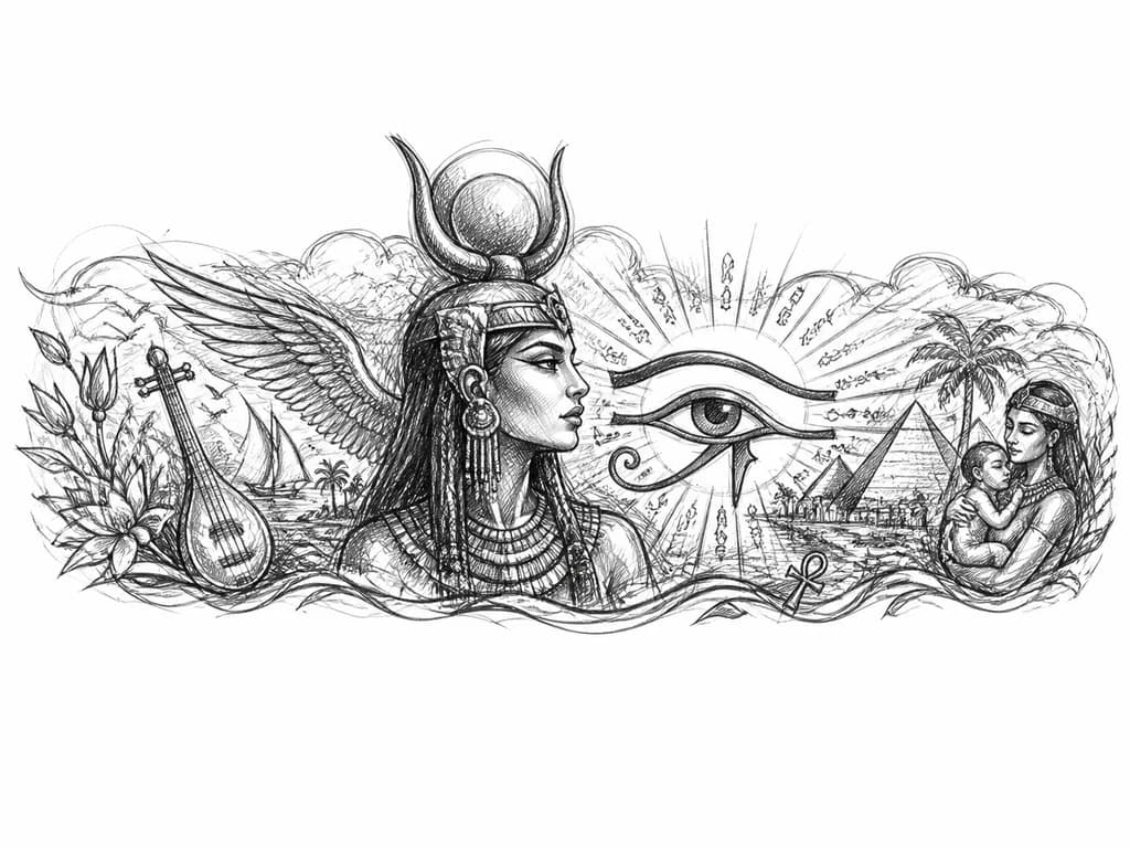 Тату эскиз: Хатхор (египетское: Хет-Герт) – Одна из самых важных богинь, связанная с небом, солнцем, сексуальностью и материнством, музыкой и танцами, чужими землями и товарами, а также загробной жизнью. Одна из многих форм Ока Ра в полный рост, добавь теней путём штрихования