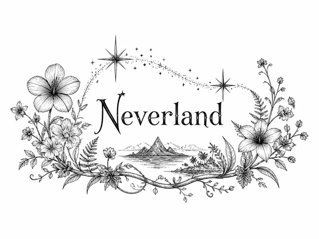 Тату эскиз: Сделай мне эскиз татуировки
Надпись: Neverland
Шрифт: Magic sparkle new regular
И совмести чтобы были две звезды те самые, как путь в Нетландию, создай сам как чувствуешь, чтобы прям чувствовался вайб этого места, Питера Пена, самой Нетландии и волшебства